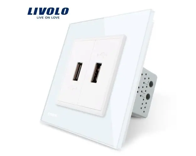 Priza dubla USB Livolo cu rama din sticla (Alb)