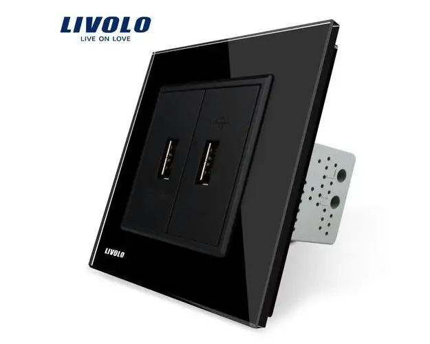 Priza dubla USB Livolo cu rama din sticla (Negru)