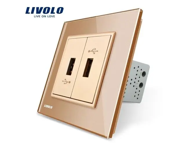 Priza dubla USB Livolo cu rama din sticla (Auriu)