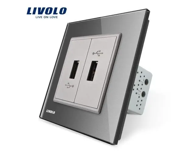 Priza dubla USB Livolo cu rama din sticla (Gri)