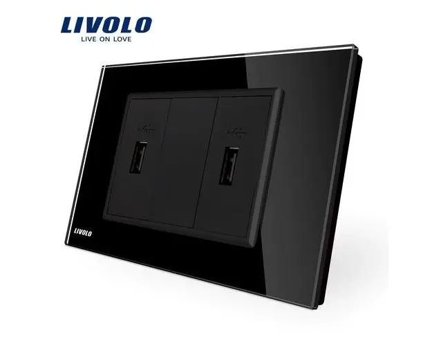 Priza dubla USB Livolo cu rama din sticla  standard italian (Negru)