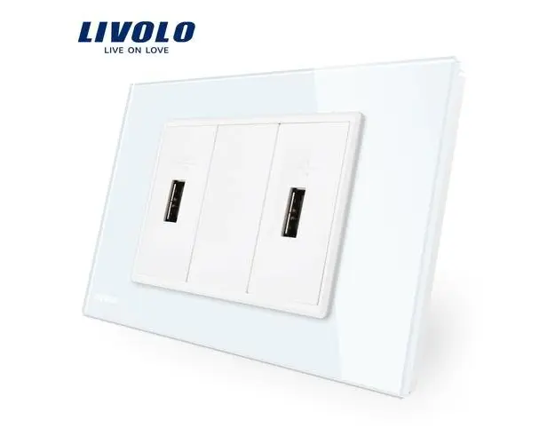 Priza dubla USB Livolo cu rama din sticla standard italian (Alb)