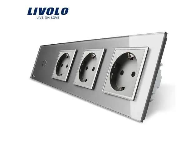 Intrerupator simplu + Priza tripla LIVOLO cu touch din sticla (Gri)
