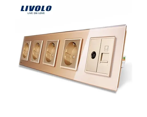 Priza cvintupla + priza TV Internet Livolo cu rama din sticla (Auriu)