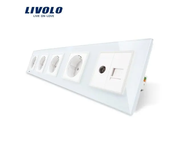 Priza cvintupla + priza TV Internet Livolo cu rama din sticla (Alb)