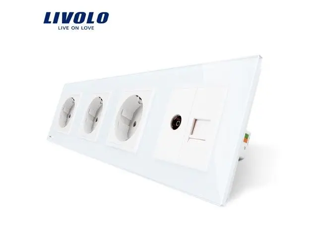 Priza cvadrupla Livolo cu rama din sticla 3 prize simple+TV/internet (Alb)