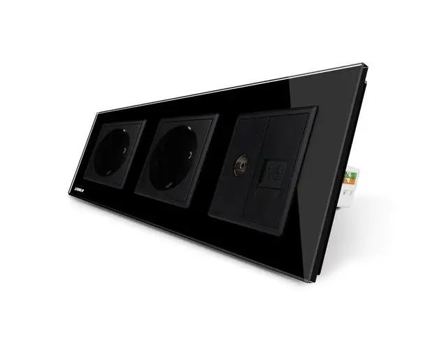 Priza tripla Livolo cu rama din sticla 2 prize simple+TV/internet (Negru)
