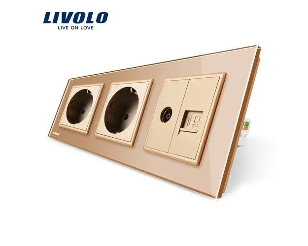 Priza tripla Livolo cu rama din sticla 2 prize simple+TV/internet (Auriu)