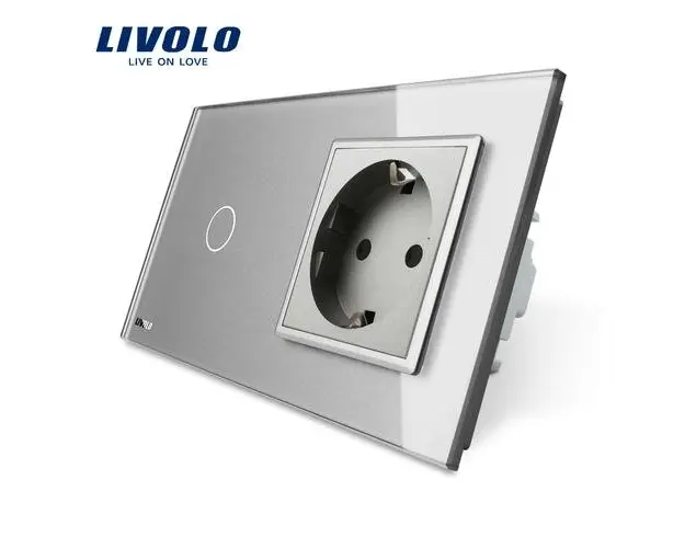 Intrerupator simplu + priza simpla Livolo rama din sticla (Gri)