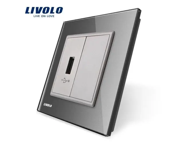Priza USB Livolo cu rama din sticla (Gri)