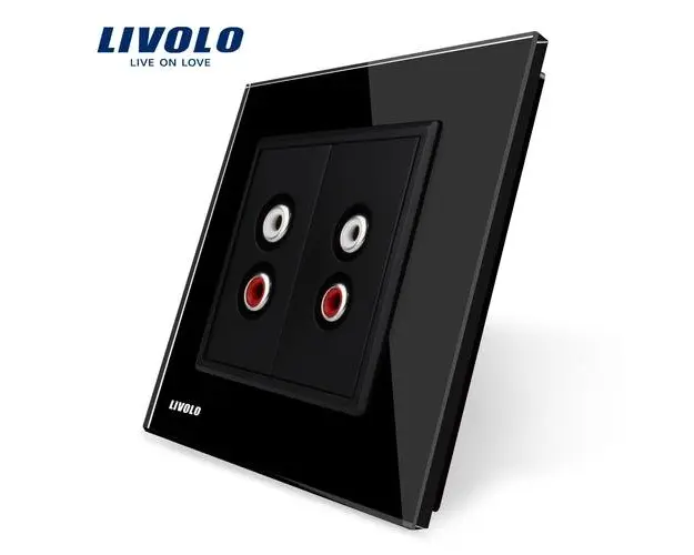 Priza dubla audio Livolo cu rama din sticla (Negru)