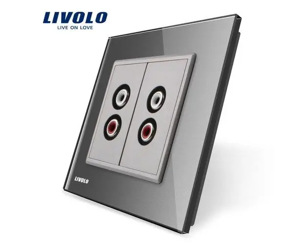 Priza dubla audio Livolo cu rama din sticla (Gri)