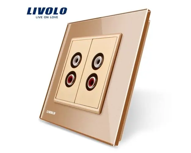 Priza dubla audio Livolo cu rama din sticla (Auriu)