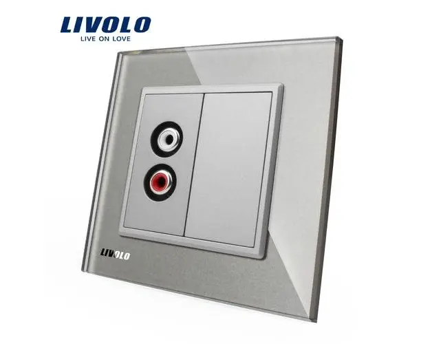 Priza simpla audio Livolo cu rama din sticla (Gri)