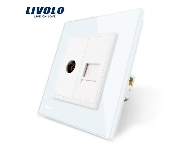 Priza dubla TV + priza internet Livolo cu rama din sticla (Alb)