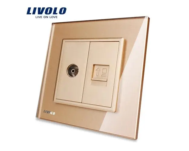 Priza dubla TV + priza internet Livolo cu rama din sticla (Auriu)
