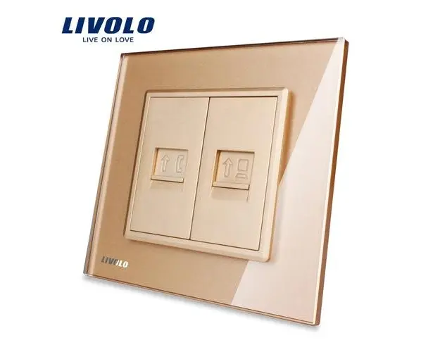 Priza dubla Telefon + Priza internet Livolo cu rama din sticla (Auriu)