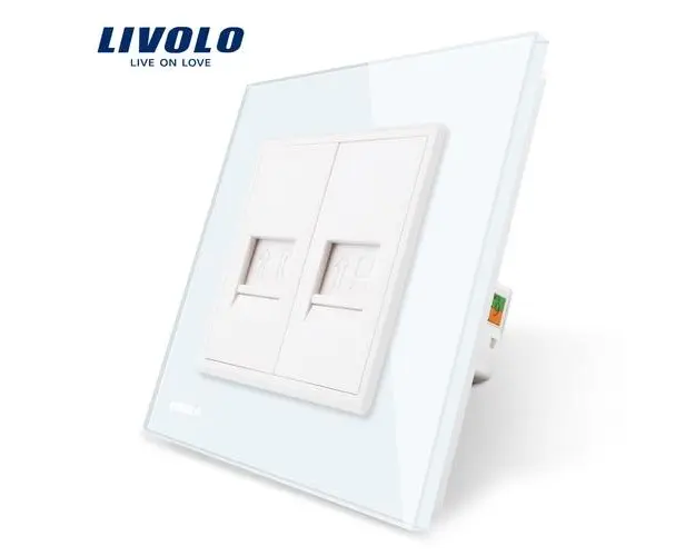Priza dubla Telefon + Priza internet Livolo cu rama din sticla (Alb)