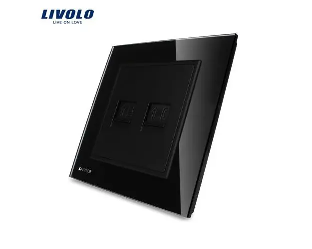 Priza dubla Telefon + Priza internet Livolo cu rama din sticla (Negru)