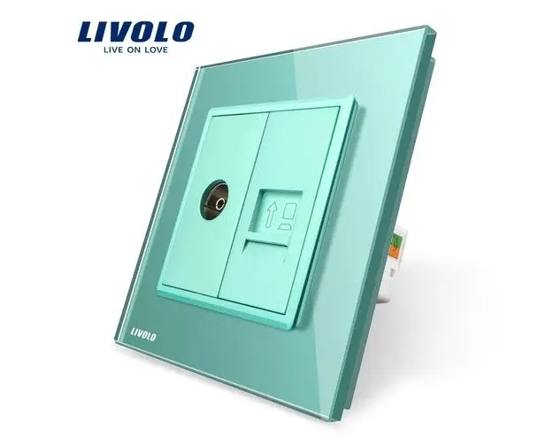 Priza dubla TV + priza internet Livolo cu rama din sticla (Verde)