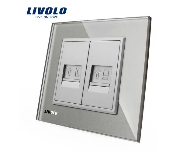 Priza dubla Telefon + Priza internet Livolo cu rama din sticla (Gri)