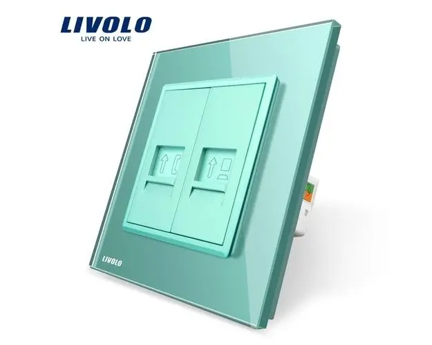 Priza dubla Telefon + Priza internet Livolo cu rama din sticla (Verde)