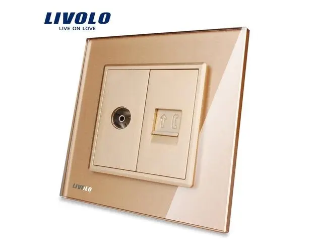 Priza dubla TV + Telefon Livolo cu rama din sticla (Auriu)