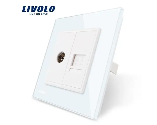 Priza dubla TV + Telefon Livolo cu rama din sticla (Alb)
