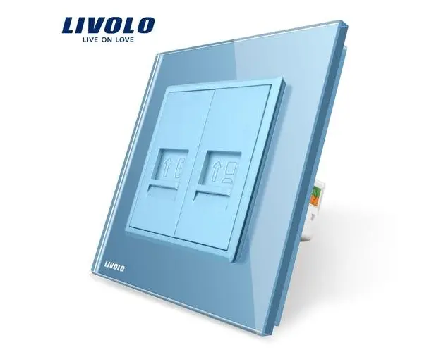 Priza dubla Telefon + Priza internet Livolo cu rama din sticla (Albastru)