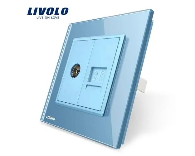 Priza dubla TV + Telefon Livolo cu rama din sticla (Albastru)