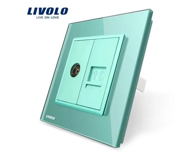 Priza dubla TV + Telefon Livolo cu rama din sticla (Verde)