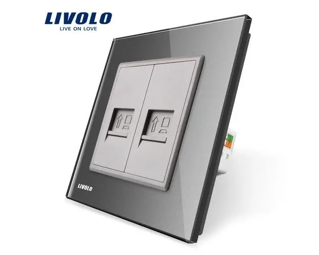 Priza dubla internet Livolo cu rama din sticla (Gri)