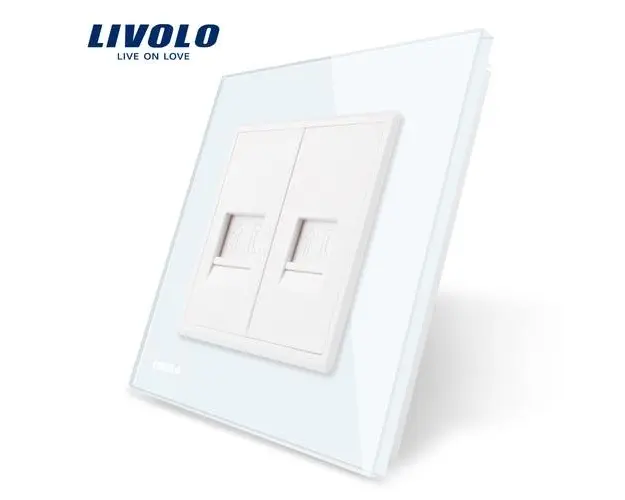 Priza dubla Telefon Livolo cu rama din sticla (Alb)