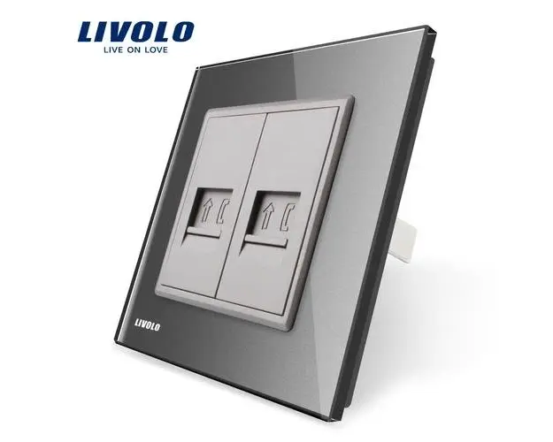Priza dubla Telefon Livolo cu rama din sticla (Gri)