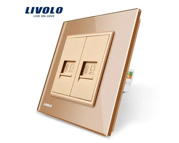 Priza dubla internet Livolo cu rama din sticla (Auriu)