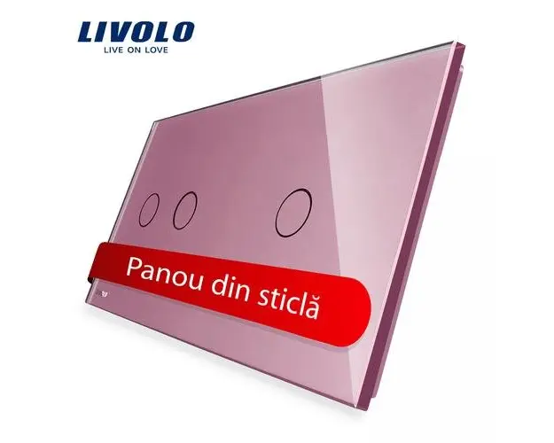 Panou intrerupator dublu + simplu cu touch Livolo din sticla (Roz)