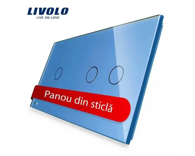 Panou intrerupator simplu+dublu cu touch Livolo din sticla (Albastru)