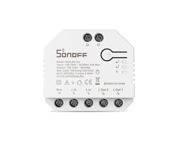 Releu Sonoff Dual R3 Lite cu 2 canale, Programari, Wi-Fi 2.4 GHz (Alb)