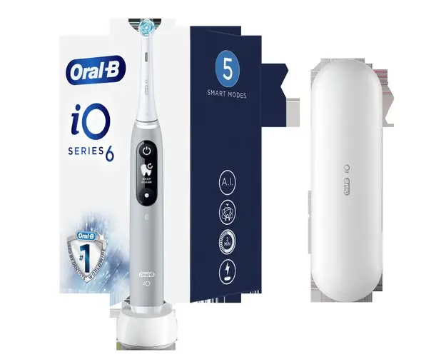 Periuta de dinti electrica Oral-B iO6 cu Tehnologie Magnetica si Micro-Vibratii, Inteligenta artificiala, Display led interactiv, Senzor de presiune Smart, Timer vizibil, 5 moduri, 1 capat, Trusa de calatorie, Gri