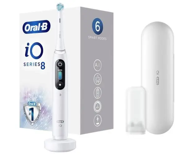 Periuta de dinti electrica Oral-B iO8 cu Tehnologie Magnetica si Micro-Vibratii, Inteligenta artificiala, Display led interactiv, Senzor de presiune Smart, Timer vizibil, 6 moduri, 1 capat, Suport rezerve, Incarcator magnetic, Trusa de calatorie, Alb
