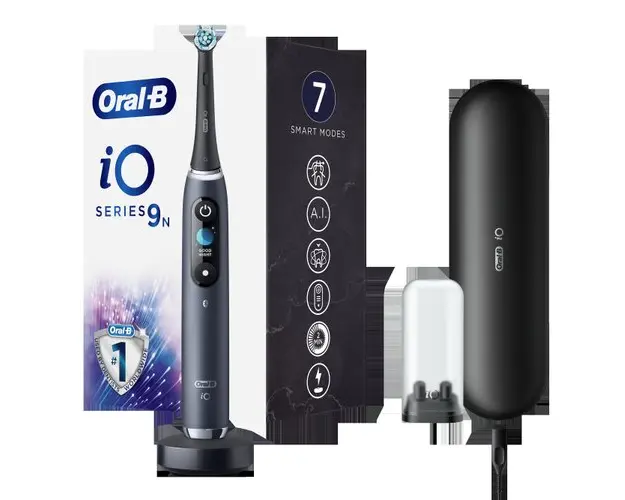 Periuta de dinti electrica Oral-B iO9 cu Tehnologie Magnetica si Micro-Vibratii, Inteligenta artificiala, Display led, Senzor de presiune Smart, Timer vizibil, 7 moduri, 1 capat, Suport rezerve, Incarcator magnetic, Trusa de calatorie cu incarcator, Negr