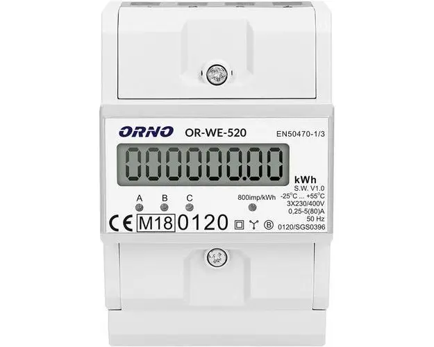 Contor trifazic ORNO OR-WE-520, 80A, certificare MID, 3 faze, 230V, clasa de masurare B, frecventa de impuls 800 imp/kWh, IP51, gri