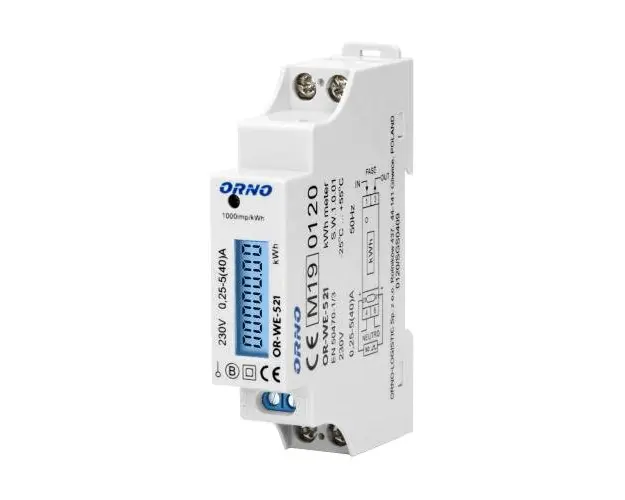 Contor monofazic ORNO OR-WE-521, 40A, certificare MID, 230V, clasa de masurare B, frecventa de impuls 1000 imp/kWh, IP51, alb