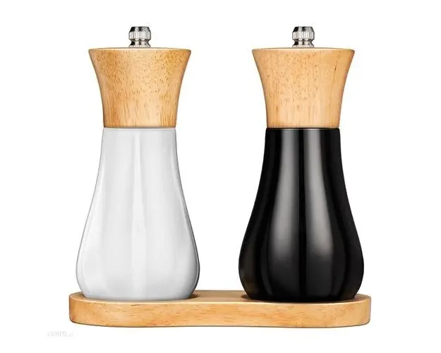 Set 2 rasnite manuale Smile SMP-9, condimente, lemn de cauciuc, 13.9 cm, macinare reglabila, suport inclus, alb/negru