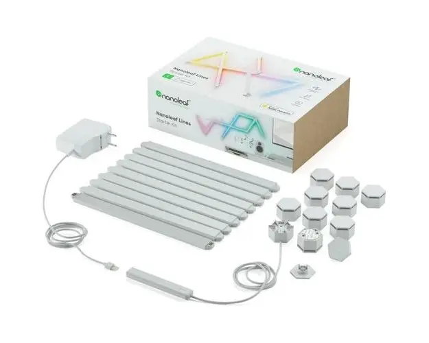 Kit 9 panouri LED RGBW luminoase modulare inteligente Nanoleaf Lines Starter Kit, Wi-Fi, sincronziare muzica, lumina alba si colorata reglabila, compatibil Apple HomeKit, Amazon Alexa, Google Assistant