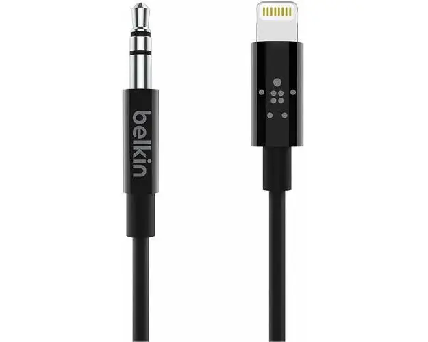 Cablu auxiliar Belkin, Lightning la Jack 3.5 mm, 80 cm, negru