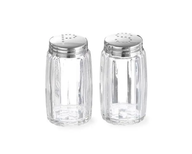 Set 2 recipiente din sticla pentru sare si piper cu suport din inox