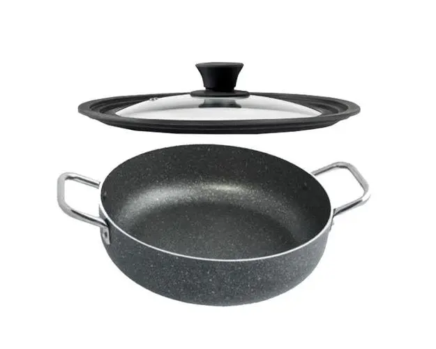 Tigaie inalta cu doua manere Pepita Granit , 30 cm + Capac sticla multisize 28/30/32 cm, Studio Casa