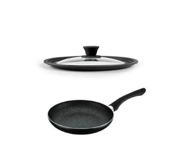 Tigaie cu maner Pepita Granit, 24 cm + Capac sticla multisize 26/28/30 cm, Studio Casa