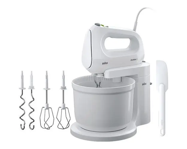 Mixer cu bol Braun HM1070WH, 400 W, 4 viteze, 3L, 2 palete, 2 carlige pentru aluat, spatula (Alb)